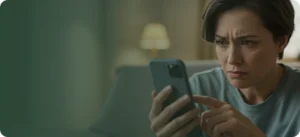 Imagem de fundo de uma pessoa confusa segurando um celular, mostrando o que acontece quando o site não é fácil de entender, ele afasta novos pacientes.